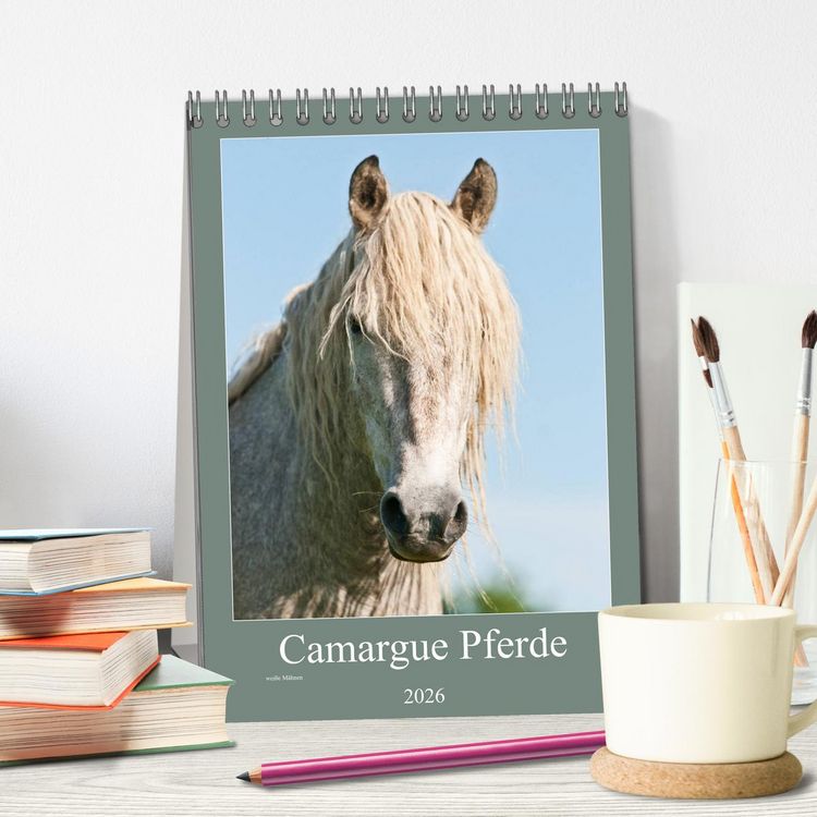 Produktbild: Camargue Pferde - wei&szlig;e M&auml;hnen (Tischkalender 2026 DIN A5 hoch), CALVENDO Monatskalender