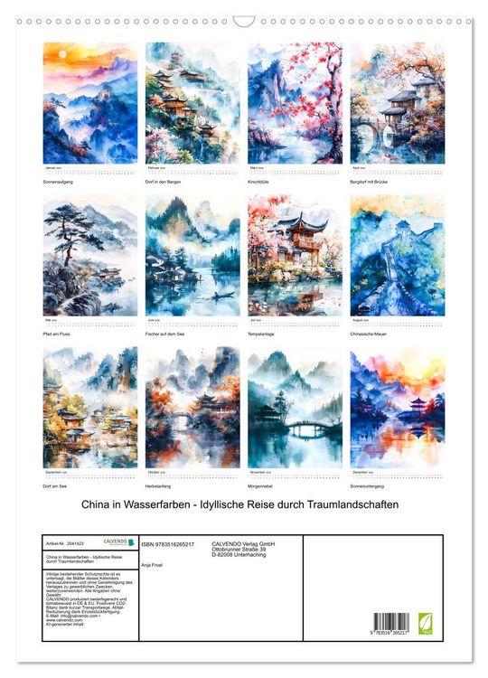 Produktbild: China in Wasserfarben - Idyllische Reise durch Traumlandschaften (Wandkalender 2026 DIN A2 hoch), CALVENDO Monatskalender