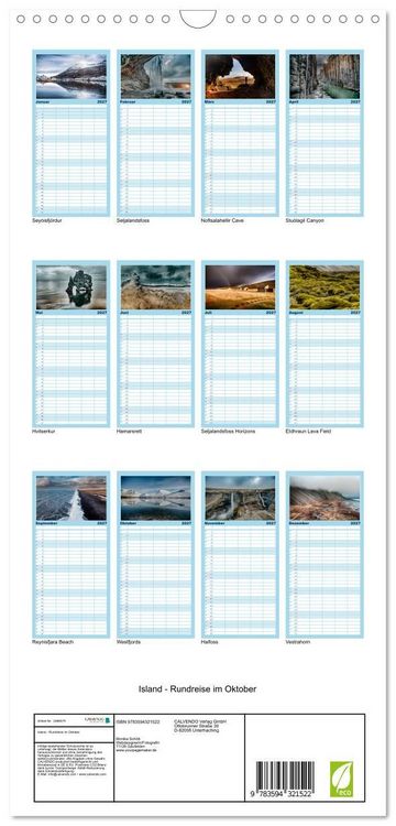 Produktbild: Familienplaner 2027 - Island - Rundreise im Oktober mit 5 Spalten (Wandkalender, 21 x 45 cm) CALVENDO