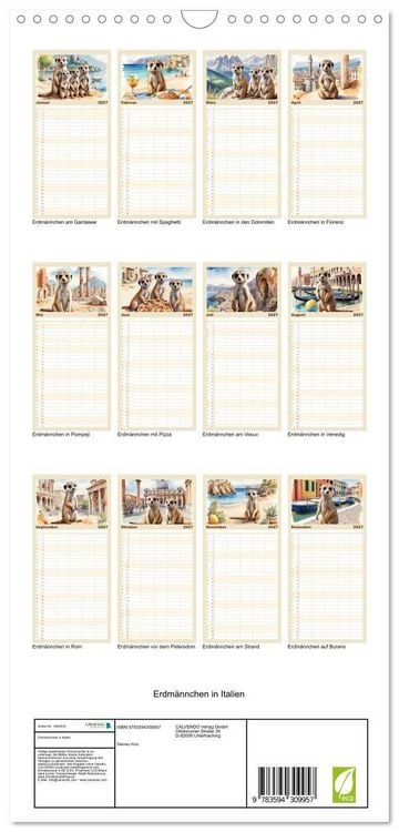 Produktbild: Familienplaner 2027 - Erdm&auml;nnchen in Italien mit 5 Spalten (Wandkalender, 21 x 45 cm) CALVENDO