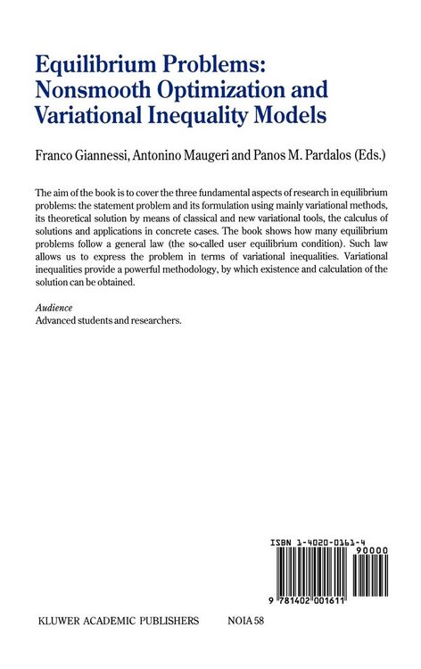 Produktbild: Equilibrium Problems: Nonsmooth Optimization and Variational Inequality Models