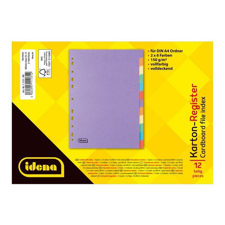 Produktbild: Idena Kartonregister 12teilig 6 Farben 150g/m&sup2; DIN A4