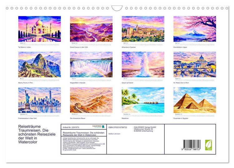Produktbild: Reisetr&auml;ume Traumreisen. Die sch&ouml;nsten Reiseziele der Welt in Watercolor (Wandkalender 2027 DIN A3 quer), CALVENDO Monatskalender