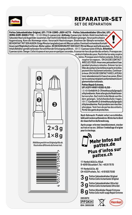 Produktbild: Pattex Reparatur-Set: Sekundenkleber Fl&uuml;ssig, Sekundenkleber Ultra Gel, Repair Extreme