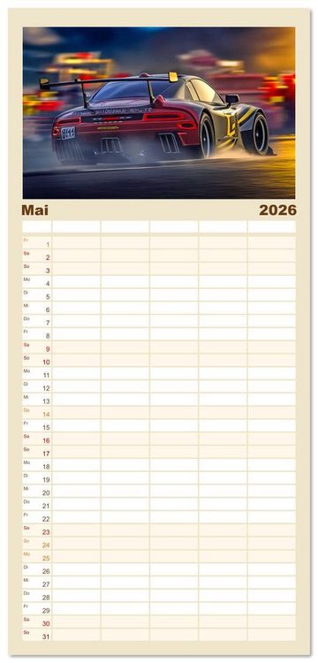 Produktbild: Familienplaner 2026 - Fantasievolle Rennautos - Im Rausch der Geschwindigkeit mit 5 Spalten (Wandkalender, 21 x 45 cm) CALVENDO