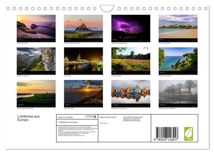 Produktbild: Lichtblicke aus Europa (Wandkalender 2026 DIN A4 quer), CALVENDO Monatskalender