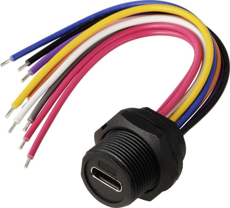 Produktbild: USB-C&reg; 3.0 Buchse f&uuml;r die r&uuml;ckseitige Montage (mit Gewinde) Kabel 0,1m TC-E10T-FT3-PWF-0.2PV Wasserdichtes Kunststoffkabel