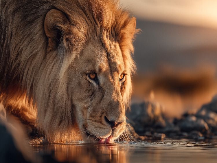 Produktbild: CALVENDO Puzzle Der L&ouml;we senkt den Kopf, um frisches Wasser zu trinken | 1000 Teile Lege-Gr&ouml;&szlig;e 64x48cm Foto-Puzzle f&uuml;r gl&uuml;ckliche Stunden