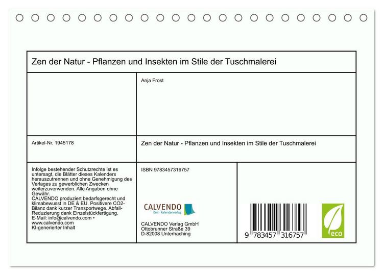 Produktbild: Zen der Natur - Pflanzen und Insekten im Stile der Tuschmalerei (Tischkalender 2026 DIN A5 quer), CALVENDO Monatskalender