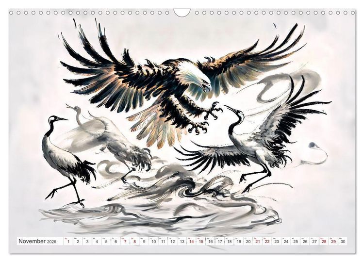 Produktbild: Eleganz der Kraniche - Majest&auml;tische V&ouml;gel in poetischer Tusche (Wandkalender 2026 DIN A3 quer), CALVENDO Monatskalender