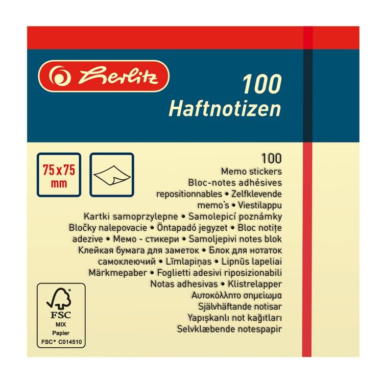 Produktbild: Herlitz Haftnotizblock 75x75mm 100 Blatt gelb