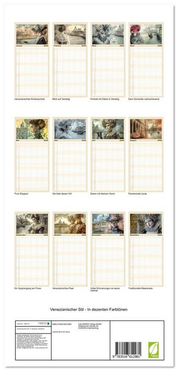 Produktbild: Familienplaner 2026 - Venezianischer Stil - In dezenten Farbt&ouml;nen mit 5 Spalten (Wandkalender, 21 x 45 cm) CALVENDO