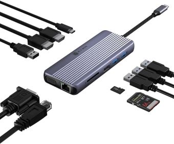 Produktbild: RAIDSONIC USB C DockingStation 12 in 1, 2x HDMI 4K60Hz, 1x VGA, Giga LAN, 4x USB Datenports, Giga LAN, SD+MicroSD 3.0, Audio, PD 3.0 100W