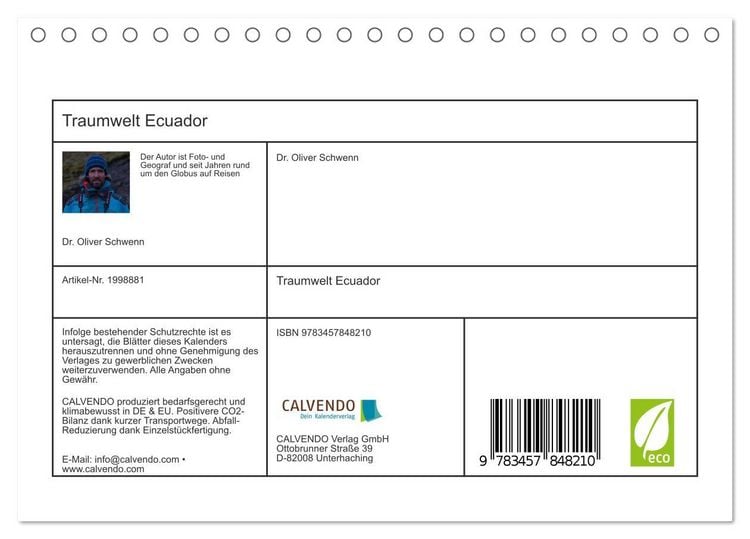 Produktbild: Traumwelt Ecuador (Tischkalender 2026 DIN A5 quer), CALVENDO Monatskalender
