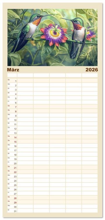 Produktbild: Familienplaner 2026 - Kolibris - Zauberhafte Fantasiewerke mit 5 Spalten (Wandkalender, 21 x 45 cm) CALVENDO