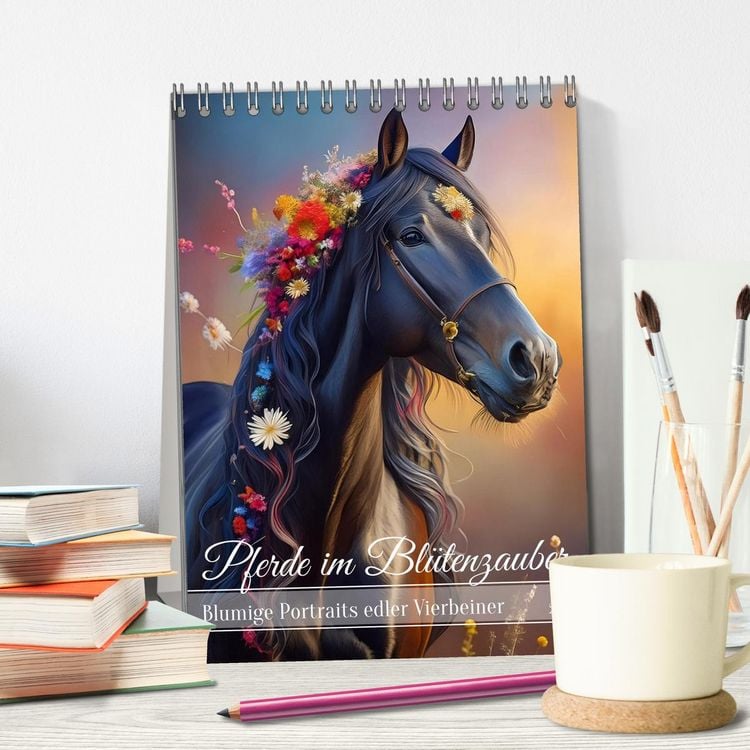 Produktbild: Pferde im Bl&uuml;tenzauber &ndash; Blumige Portraits edler Vierbeiner (Tischkalender 2026 DIN A5 hoch), CALVENDO Monatskalender