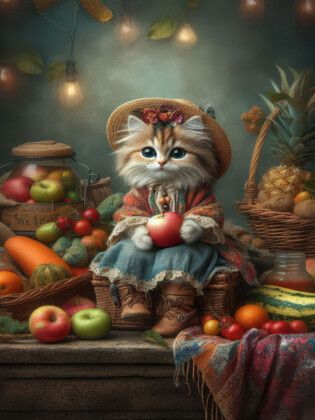 Produktbild: CALVENDO Puzzle Frisches Obst und Gem&uuml;se nach Landfrauenart bietet diese kleine Katze an | 1000 Teile Lege-Gr&ouml;&szlig;e 64x48cm Foto-Puzzle f&uuml;r gl&uuml;ckliche St