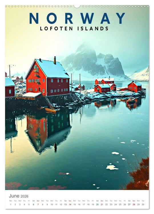 Produktbild: Lofoten Islands - Old School Poster Style (High Quality Premium Wall Calendar 2026 DIN A2 portrait),CALVENDO 12 Month Wall Calendar