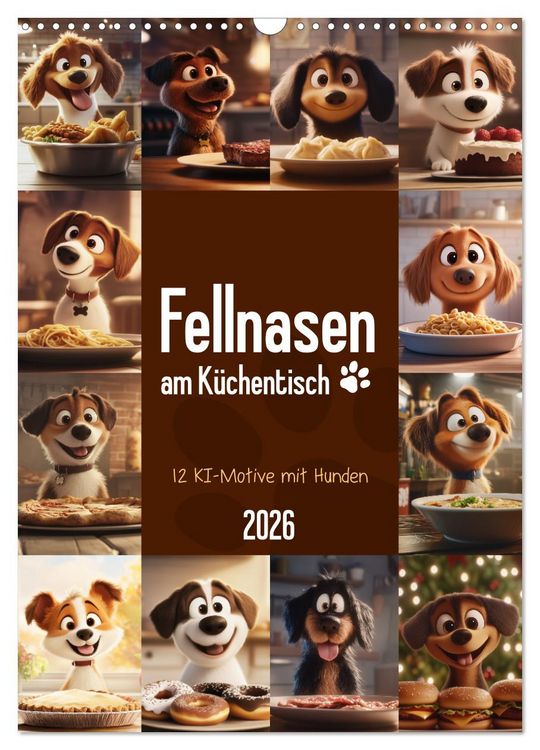 Produktbild: Fellnasen am K&uuml;chentisch - 12 KI-Motive mit Hunden (Wandkalender 2026 DIN A3 hoch), CALVENDO Monatskalender