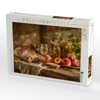 Produktbild: CALVENDO Puzzle Sommerk&uuml;che auf Holztisch, duftendes Brot, Fr&uuml;chte und ein Glas im Abendlicht | 1000 Teile Lege-Gr&ouml;&szlig;e 64x48cm Foto-Puzzle f&uuml;r gl&uuml;cklic