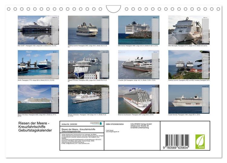 Produktbild: Riesen der Meere - Kreuzfahrtschiffe Geburtstagskalender (Wandkalender 2027 DIN A4 quer), CALVENDO Monatskalender