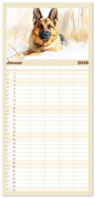 Produktbild: Familienplaner 2026 - Deutsche Sch&auml;ferhunde. Majest&auml;tische W&auml;chter im Aquarell-Stil mit 5 Spalten (Wandkalender, 21 x 45 cm) CALVENDO