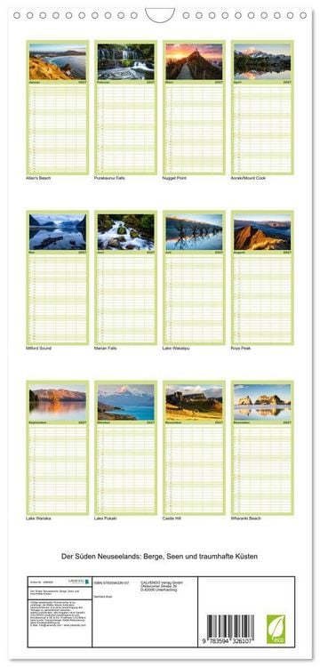 Produktbild: Familienplaner 2027 - Der S&uuml;den Neuseelands: Berge, Seen und traumhafte K&uuml;sten mit 5 Spalten (Wandkalender, 21 x 45 cm) CALVENDO