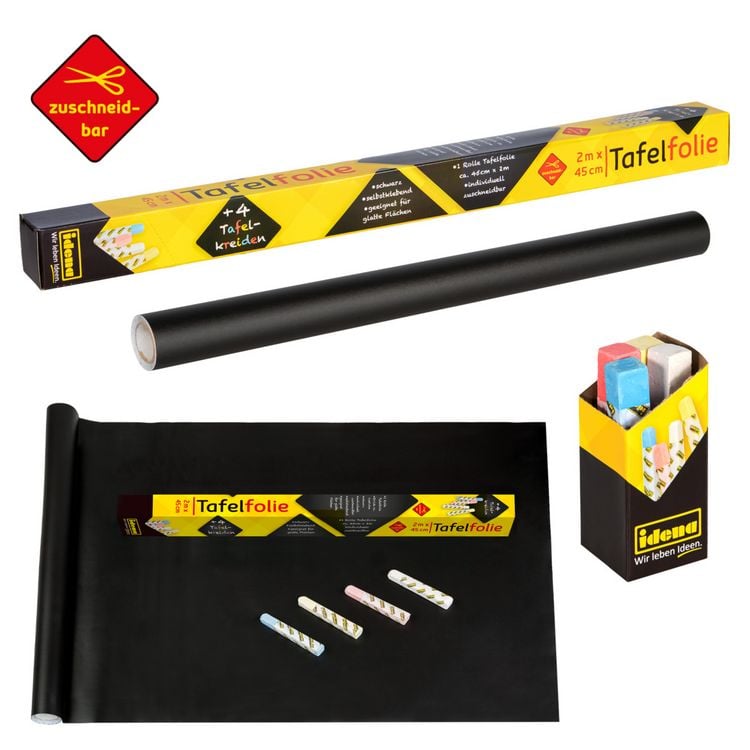 Produktbild: Idena Tafelfolie inkl. 4 Kreiden sortiert selbstklebend schwarz 45x200cm
