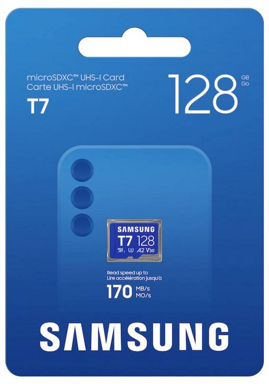 Produktbild: Samsung T7 microSDXC-Karte Retail 128 GB UHS-I U3, A2 Application Performance Class, Class 10, v30 Video Speed Class
