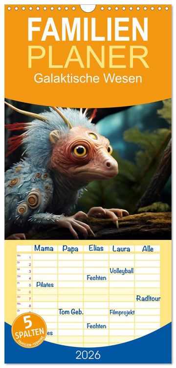 Produktbild: Familienplaner 2026 - Galaktische Wesen mit 5 Spalten (Wandkalender, 21 x 45 cm) CALVENDO