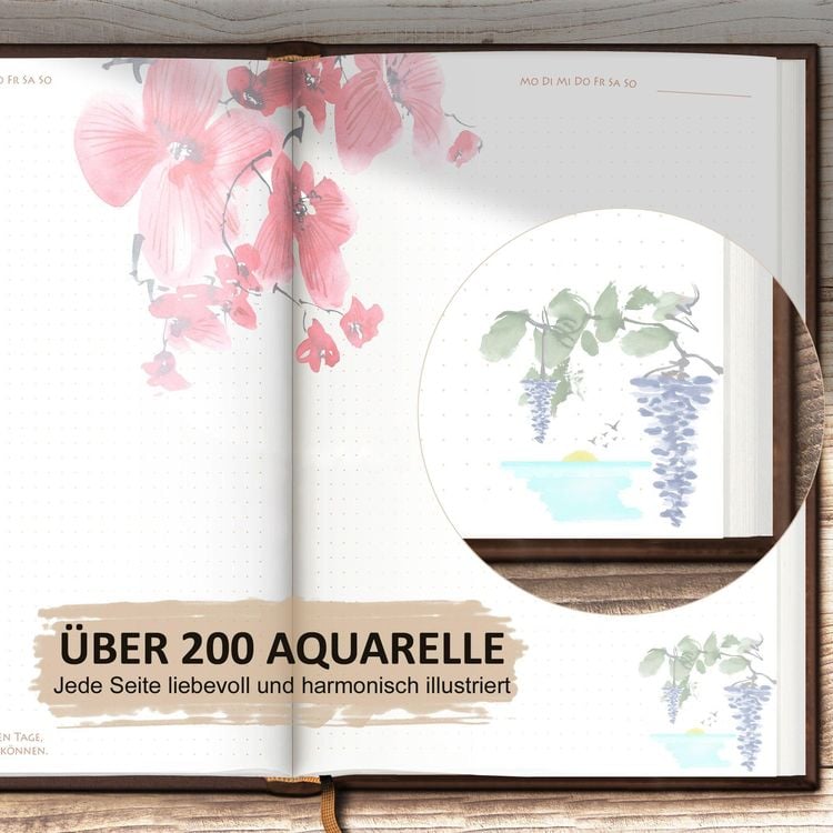 Tagebuch illustriert mit Aquarellmalerei und schönen Sprüchen zum Nachdenken