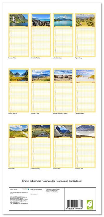 Produktbild: Familienplaner 2026 - Erlebe mit mir das Naturwunder Neuseeland die S&uuml;dinsel mit 5 Spalten (Wandkalender, 21 x 45 cm) CALVENDO