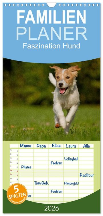 Produktbild: Familienplaner 2026 - Faszination Hund mit 5 Spalten (Wandkalender, 21 x 45 cm) CALVENDO