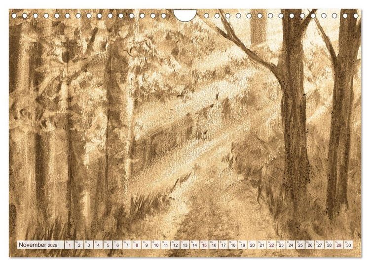 Produktbild: Pausen f&uuml;r deine Seele - Seelenlandschaften in Sepia - Ein Jahr der Ruhe mit Kohlezeichnungen (Wandkalender 2026 DIN A4 quer), CALVENDO Monatskalender