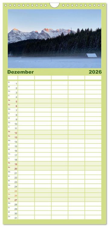 Produktbild: Familienplaner 2026 - Alpenauszeit - Die Bergh&uuml;tten unserer Alpen mit 5 Spalten (Wandkalender, 21 x 45 cm) CALVENDO