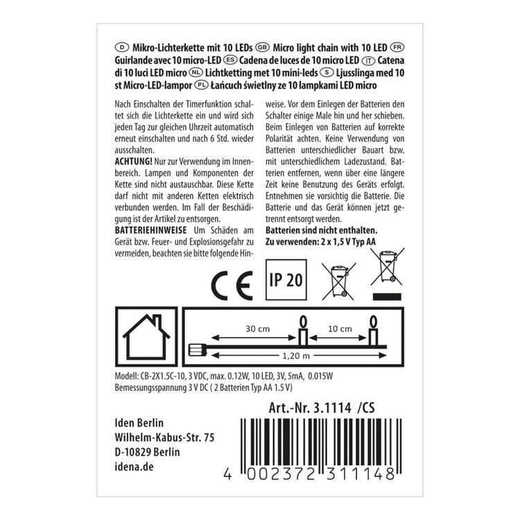 Produktbild: Idena Lichterkette 10 LED warmwei&szlig; 6h Timer 1,2m