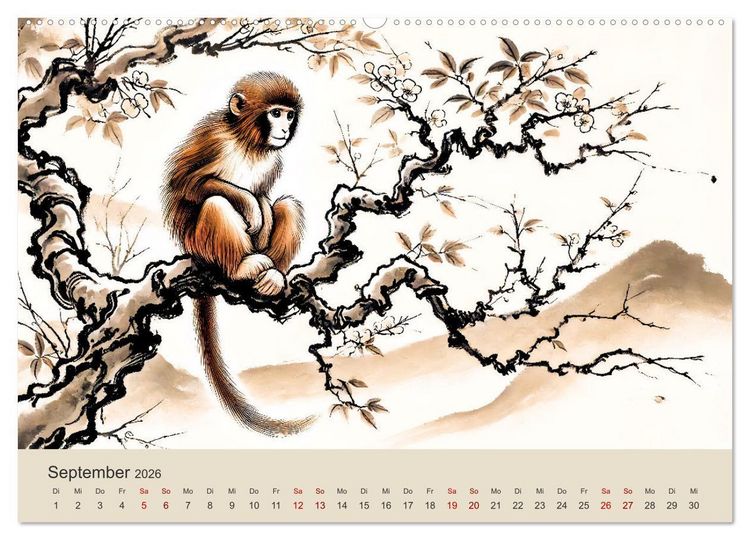 Produktbild: Chinesische Tierkreiszeichen - Kunstvolle KI-Tuschemalerei des Ostens (Wandkalender 2026 DIN A2 quer), CALVENDO Monatskalender