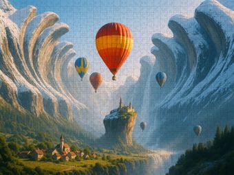 Produktbild: CALVENDO Puzzle Beh&uuml;tet im unerreichbaren Tal - Hei&szlig;luftballons in einer surrealen Landschaft | 1000 Teile Lege-Gr&ouml;&szlig;e 64x48cm Foto-Puzzle f&uuml;r gl&uuml;cklic