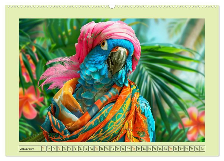 Produktbild: Papageien-Fashion. Farbenfroher Modestil im Dschungel (Wandkalender 2026 DIN A2 quer), CALVENDO Monatskalender