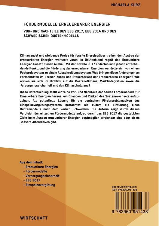 Produktbild: F&ouml;rdermodelle Erneuerbarer Energien. Vor- und Nachteile des EEG 2017, EEG 2014 und des schwedischen Quotenmodells