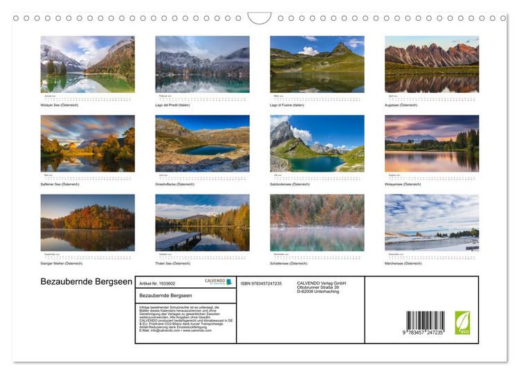 Produktbild: Bezaubernde Bergseen (Wandkalender 2026 DIN A3 quer), CALVENDO Monatskalender