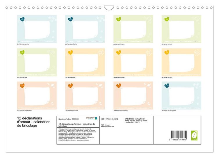 Produktbild: 12 d&eacute;clarations d'amour - calendrier de bricolage (Calendrier mural 2026 DIN A3 vertical), CALVENDO calendrier mensuel