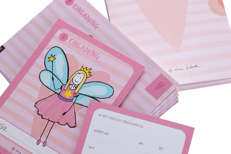 Produktbild: 12 Einladungskarten Geburtstag M&auml;dchen (Feen). Handgemachte Einladungskarten Kindergeburtstag incl. 12 liebevollen Hand designten Briefumschl&auml;gen. Verpackt in einer wundervollen hochwertigen Karton Box. By Lisa Wirth