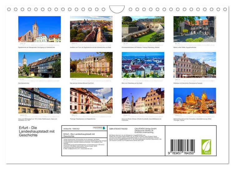 Produktbild: Erfurt - Die Landeshauptstadt mit Geschichte (Wandkalender 2026 DIN A4 quer), CALVENDO Monatskalender