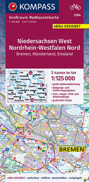 Produktbild: KOMPASS Gro&szlig;raum-Radtourenkarte 3704 Niedersachsen West, Nordrhein-Westfalen Nord 1:125.000