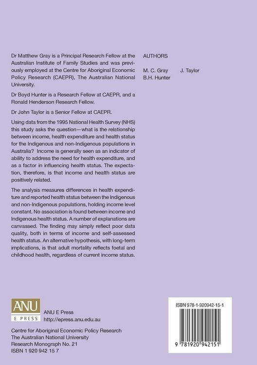 Produktbild: Health Expenditure, Income and Health Status Among Indigenous and Other Australians