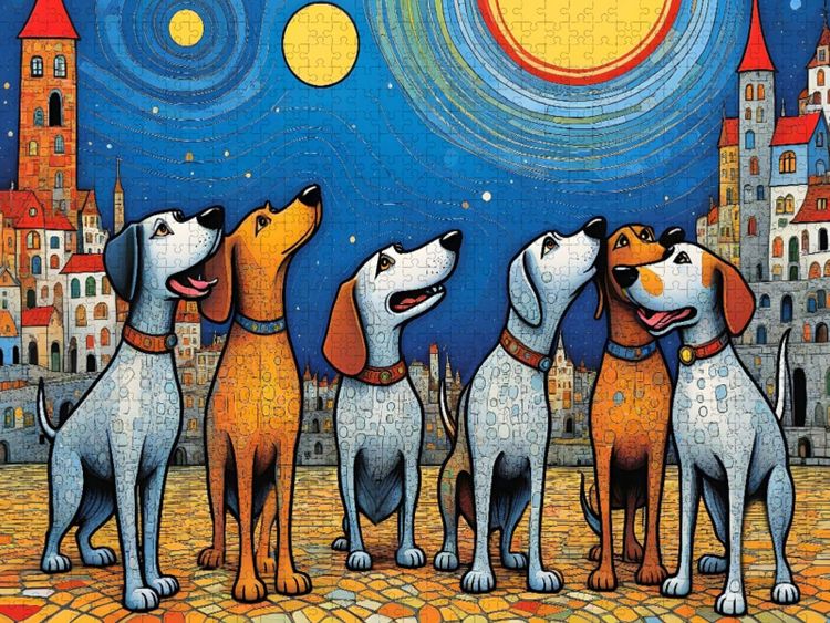 Produktbild: CALVENDO Puzzle Bunte Hunde - im Rudel macht Heulen besonders viel Spa&szlig; | 1000 Teile Lege-Gr&ouml;&szlig;e 64x48cm Foto-Puzzle f&uuml;r gl&uuml;ckliche Stunden