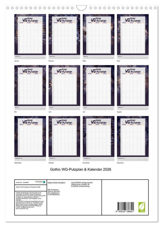 Produktbild: Gothic WG-Putzplan & Kalender 2026 (Wandkalender 2026 DIN A3 hoch), CALVENDO Monatskalender