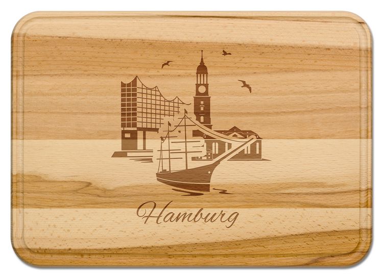 Produktbild: Buchenholz Schneidebrett 35x25cm, Motiv Hamburg