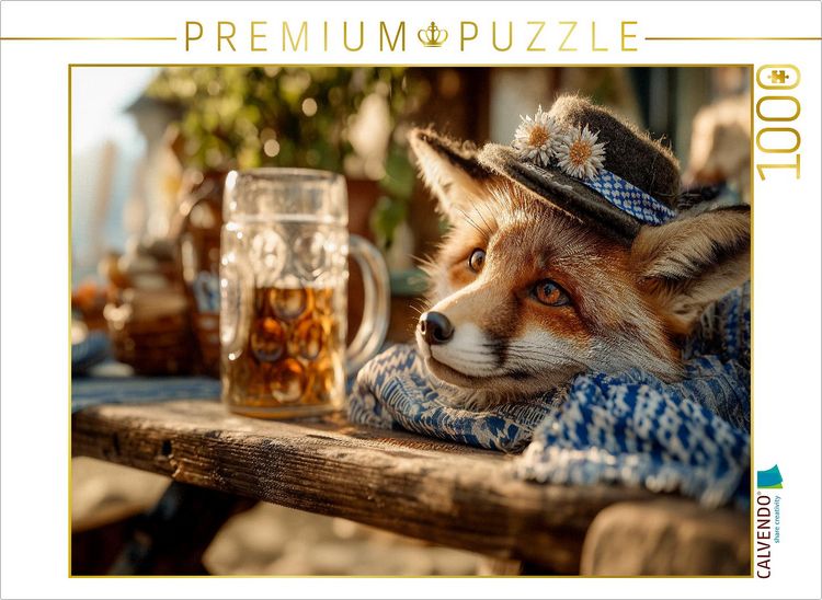 Produktbild: CALVENDO Puzzle Lustiger Fuchs mit Trachtenhut und Ma&szlig;krug am Tisch | 1000 Teile Lege-Gr&ouml;&szlig;e 64x48cm Foto-Puzzle f&uuml;r gl&uuml;ckliche Stunden